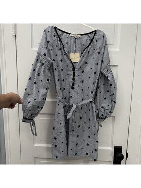 Free Generation NWT Womens M Cotton Star Stripe Belted Mini Dress Balloon Sleeve